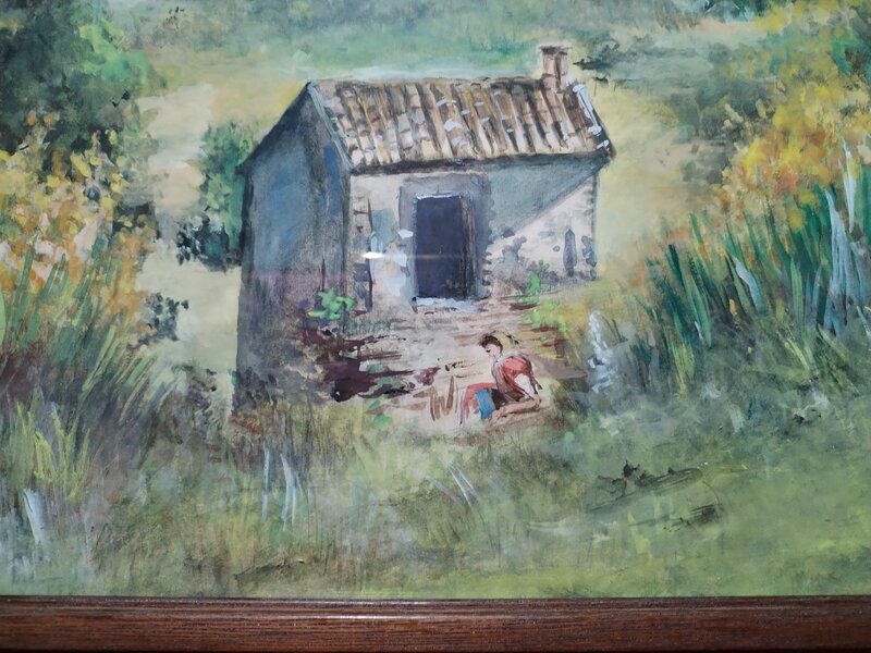 Acuarela vintage franceza cu peisaj rural, anii 1930-1960