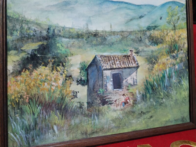 Acuarela vintage franceza cu peisaj rural, anii 1930-1960