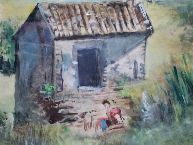 Acuarela vintage franceza cu peisaj rural, anii 1930-1960
