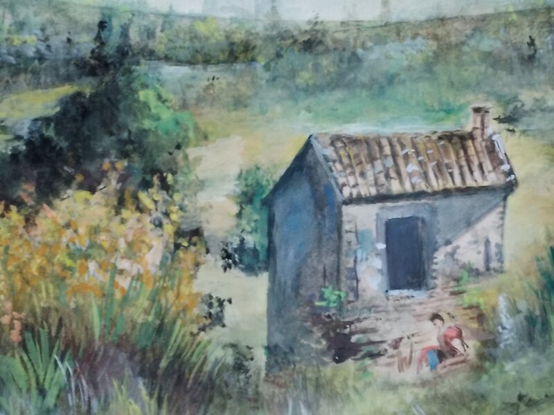 Acuarela vintage franceza cu peisaj rural, anii 1930-1960