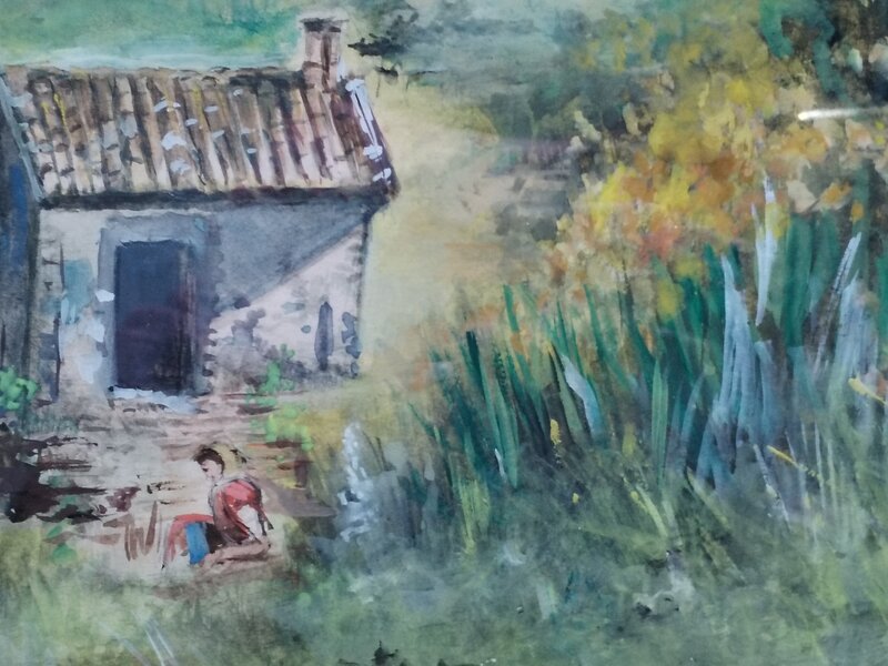 Acuarela vintage franceza cu peisaj rural, anii 1930-1960