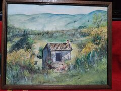 Acuarela vintage franceza cu peisaj rural, anii 1930-1960