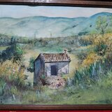 Acuarela vintage franceza cu peisaj rural, anii 1930-1960